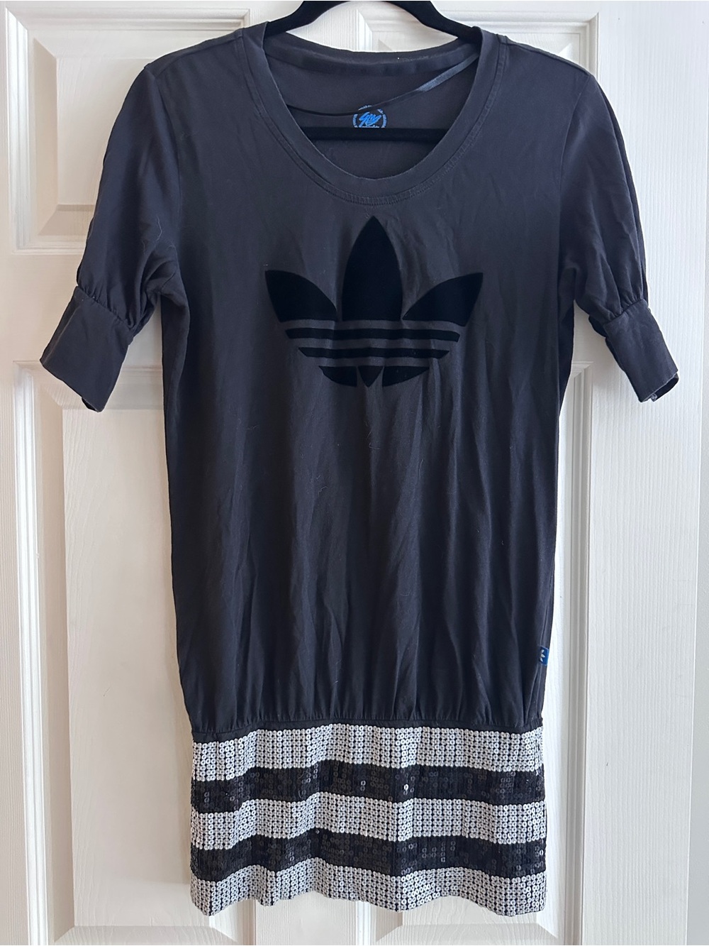 Rare Adidas Originals Sweatshirt Dress Black Velvet Trefoil Sequin Tunic T-shirt
